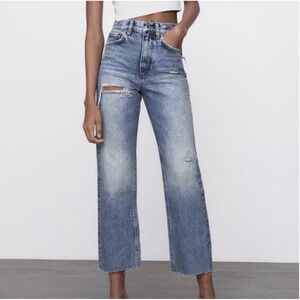 Zara Distressed Jeans Women 4 The Pepper Mom Jean Cotton Straight Leg Light Wash